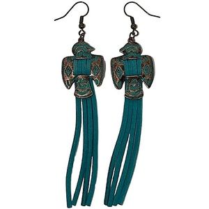 Thunderbird Teal & Antique Copper Color Tassel Pendant Dangle Earrings NEW